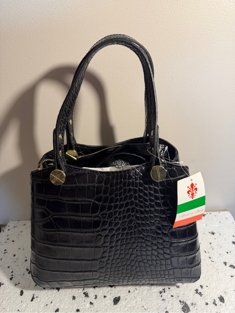 Stauer Italian-Made Black Croc-Embossed Leather Handbag - NEW
